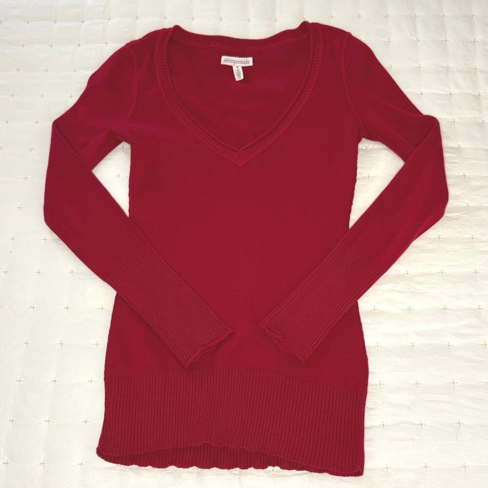 Y2K Aeropostale V-Neck Pullover Sweater Women's M Red Preppy